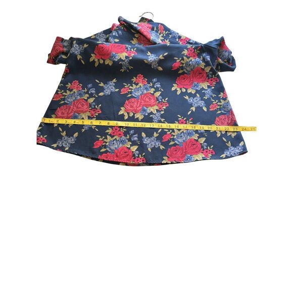 Floral Bell Sleeve Blouse Womens Keyhole Back Navy with Red Roses One Clothing M - Picture 9 of 9